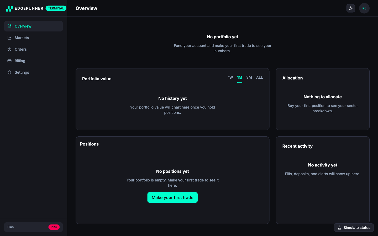 The overview in its first-run empty state: each card shows a centered message such as no positions yet with a make your first trade call to action, instead of being blank.