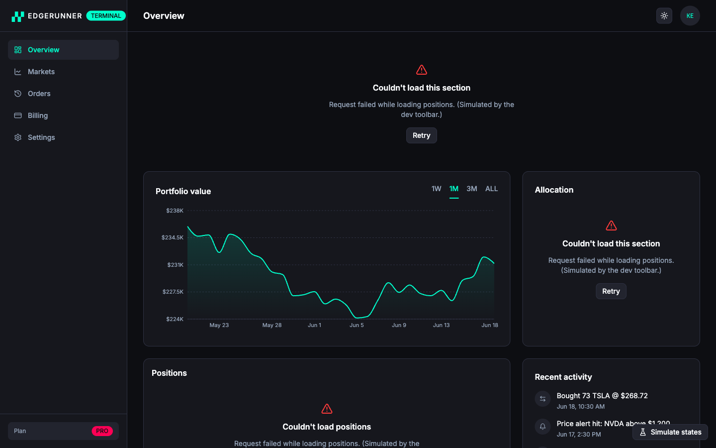 The overview with the positions and allocation cards showing an error state: a warning, the message couldn't load this section, and a retry, while the portfolio chart beside them still loads.